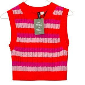 NWT H&M Divided Stripe Cable Knit Cropped Vest Sweater Orange Pink Size Small